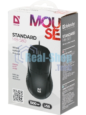 Мышь проводная Defender Standard MB-580 черный, 1000 dpi, USB, кнопки - 3