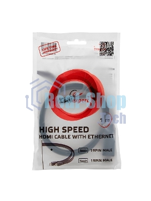 Кабель Cablexpert HDMI CC-HDMI490-15, 19M/19M, v2.0, медь, позол.разъемы, экран, плоский кабель, 1м, черный, пакет