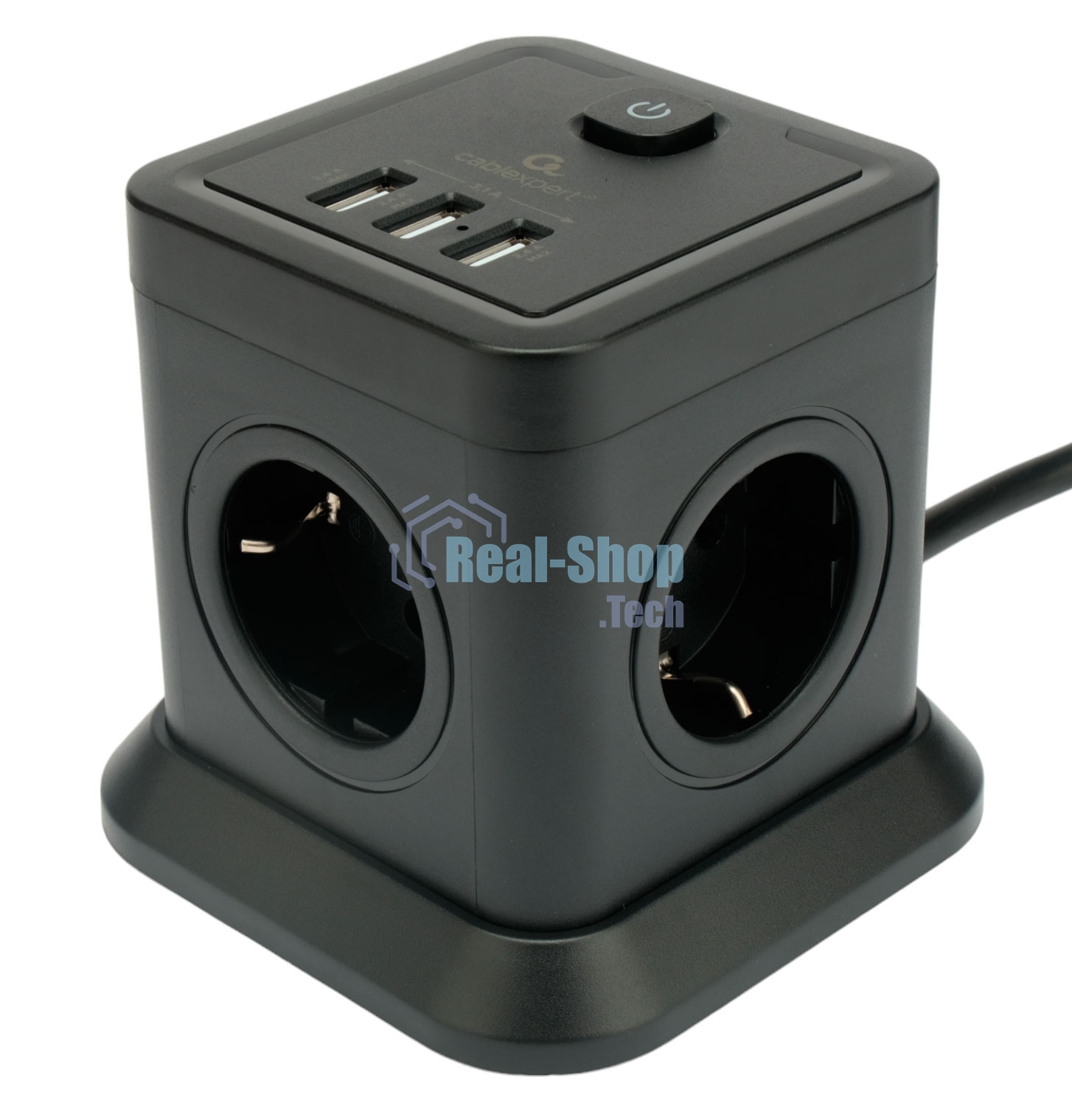 Сетевой фильтр Cablexpert Tower, TWR-4-U3-B-3, 4р, 10А, 3xUSB, 3.1А, 3 м, ур. защиты 2+, черный, коробка