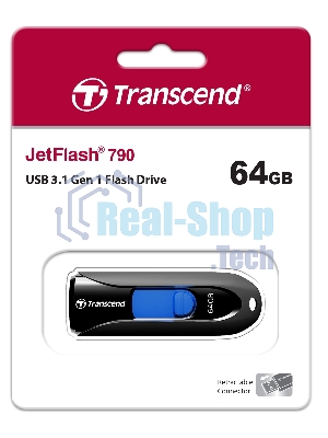 Флешка USB Transcend JetFlash 790 (TS64GJF790K), 64 Gb, USB 3.0, R/W 90/40, черный/синий