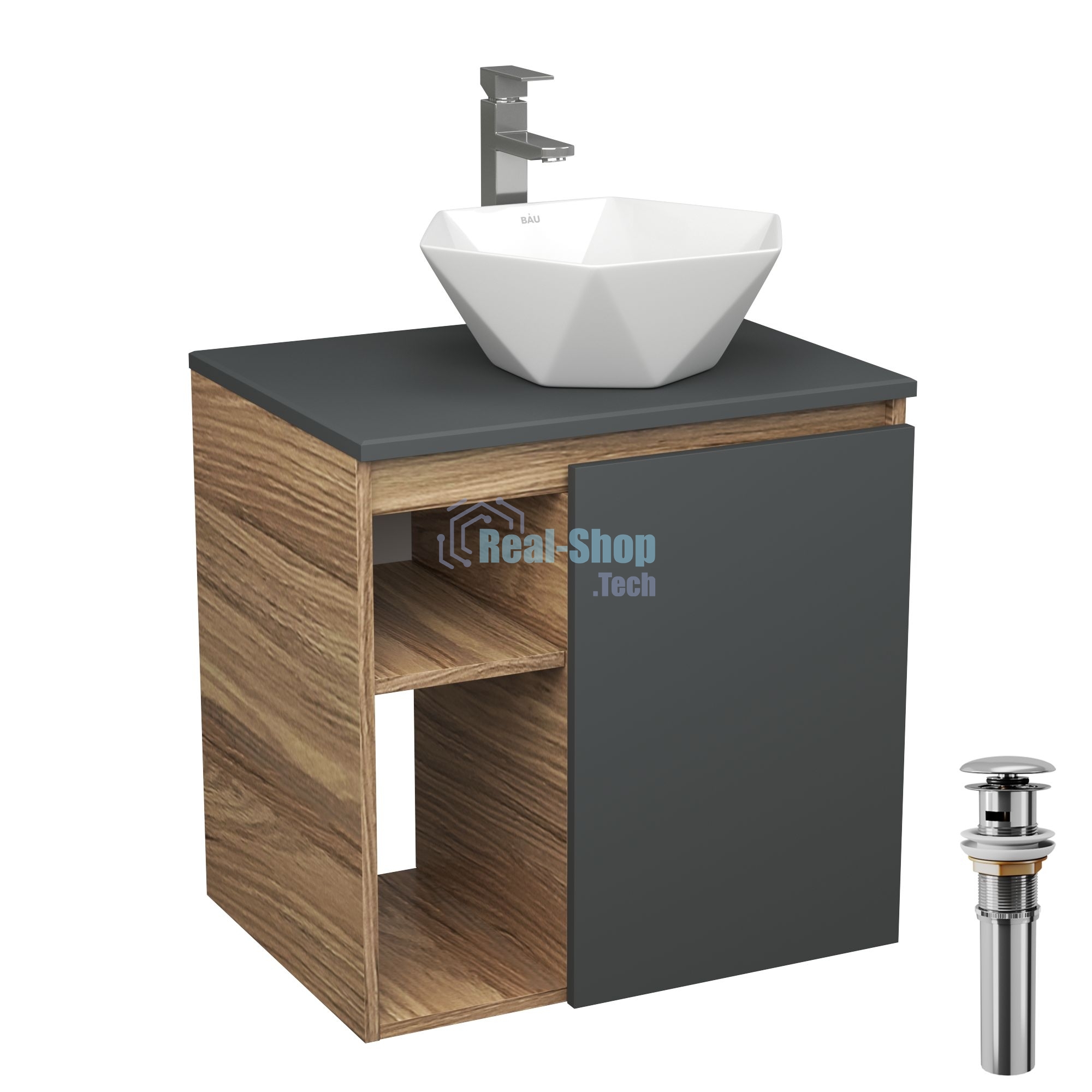 Тумба Bau Dream Blackwood 60 правая, графит, раковина BAU Crystal 40х40, смеситель для раковины высокий Hotel Still, нержавеющая сталь, выпуск клик клак, хром