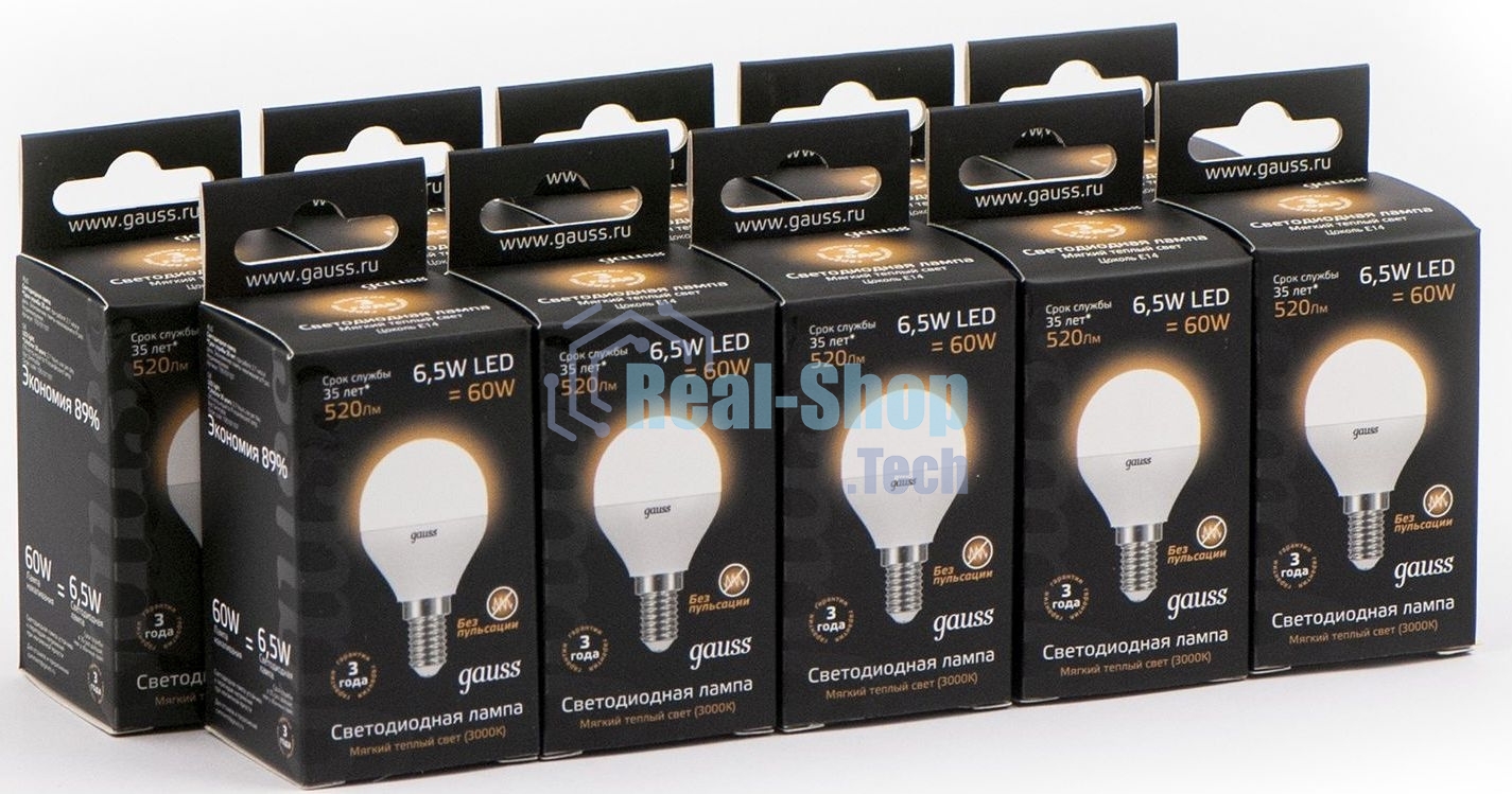 Лампа светодиодная Gauss 105101107 6.5Вт цок.: E14 шар 220B 3000K св. свеч. бел. теп. (упак.: 10 шт)