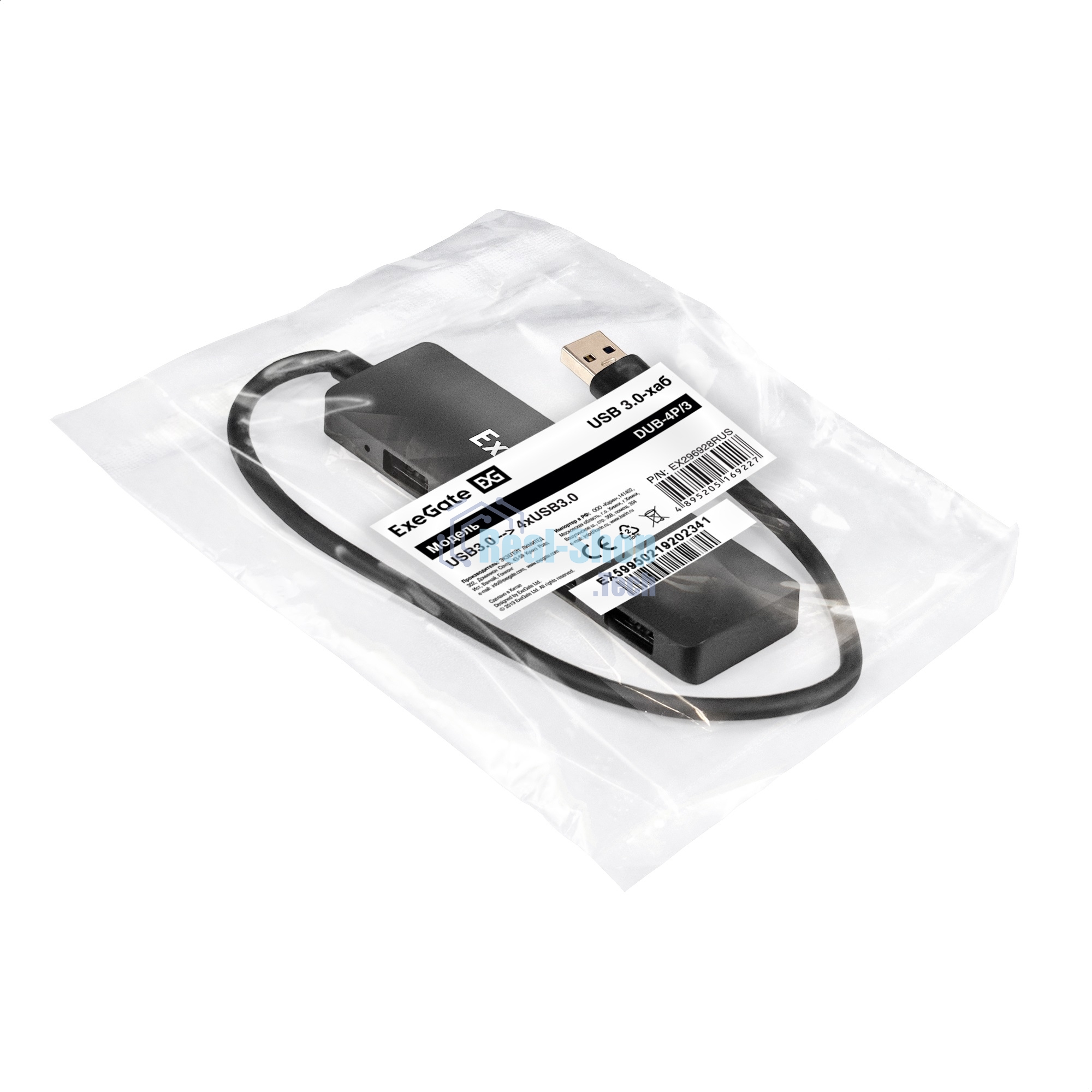USB-концентратор 4-в-1 ExeGate DUB-4P/3 (кабель-адаптер USB3.0 --> 4xUSB3.0, Plug&Play, черный)