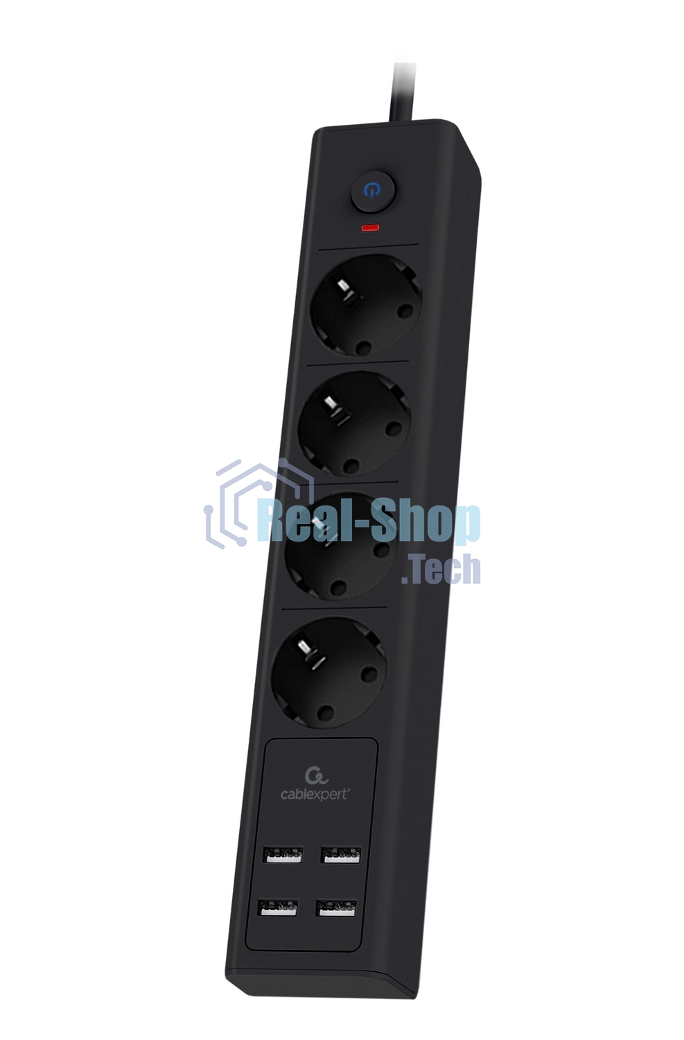 Сетевой фильтр Cablexpert Exnovo, EXN-4-U4-B-2, 4р, 16А, 4хUSB, 3.4A, 2 м, ур. защиты 4+, черный, коробка