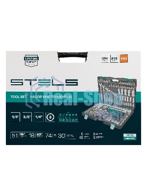 Набор инструментов STELS 141151/4'' 3/8'' 1/2'' cr-v s2 усиленный кейс 216 предм.