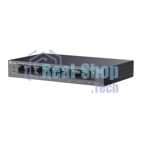 Коммутатор настольный TP-Link LS108GP с 8 гигабитными портами PoE+, 802.3af/at, бюджет PoE — 62 Вт, до 250 метров