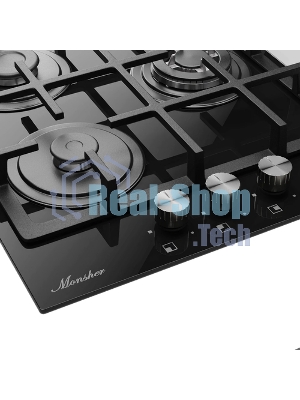 Варочная поверхность MONSHER MGG 44 Noir, High-Tech, газ, 45 см, газ-контроль, автоматический электроподжиг, чугунные решетки, форсунки под сжиженый газ, конфорки SABAF, поворотные переключатели, цвет черный