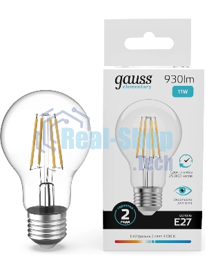 Лампа филам. Gauss Filament 11Вт цок.:E27 груша св.свеч.бел.нейт. (упак.:10шт) (22221)