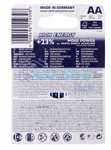 Батарейка Varta LONGLIFE POWER (HIGH ENERGY) LR6 AA 04906121412 BL2 Alkaline 1.5V (4906) (2/40/200)