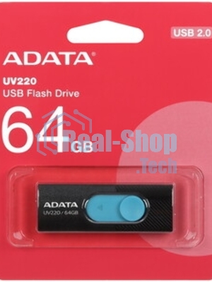 Флешка USB ADATA UV220 (AUV220-64G-RBKBL), 64Gb, USB 2.0, R/W 15/5, черный/голубой