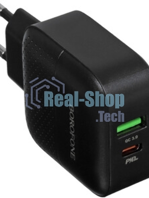 Сетевое зарядное устройство BOROFONE BA46A Premium, один порт USB, один порт Type-C, PD, 18W, 5V, 3.0A, черный