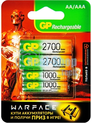 Аккумулятор GP Rechargeable 270AA+100AAAHC AA/AAA NiMH 2700mAh (4шт) блистер